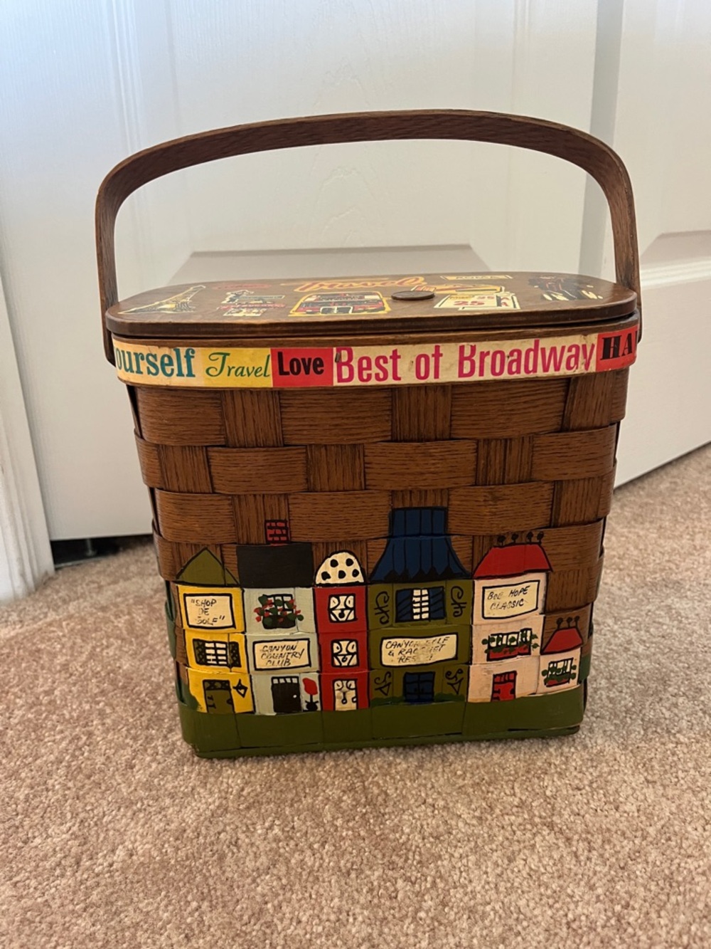 Woven-Style Brown Tote Basket with Colorful Village Motif